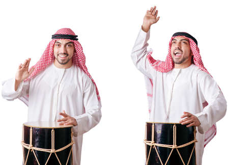 Arab man with drum isolated on whiteの写真素材