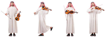 Arab man playing violin isolated on whiteの写真素材