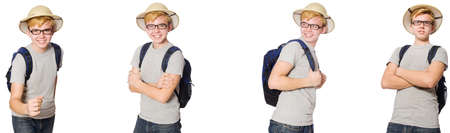 Young boy in cork helmet with backpackの写真素材