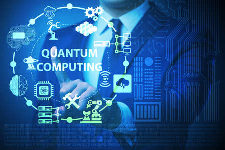Businessman pressing virtual button in quantum computing conceptの写真素材