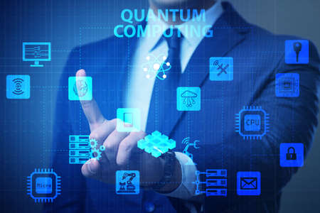Businessman pressing virtual button in quantum computing concept