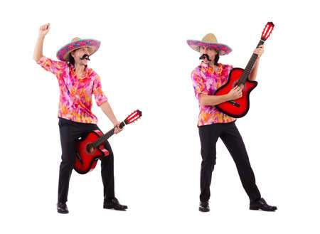 Mexican male brandishing guitar isolated on whiteの写真素材