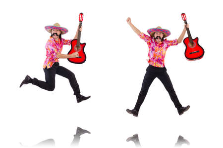 Mexican male brandishing guitar isolated on whiteの写真素材