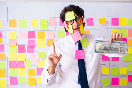 Young employee in conflicting priorities concept