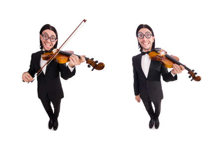 Funny man with music instrument on whiteの写真素材