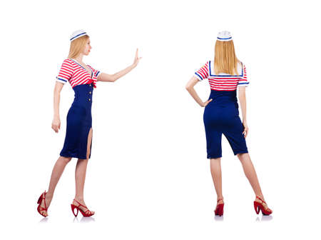 Woman in costume pushing virtual obstacleの写真素材