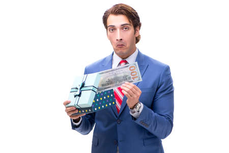 Elegant businessman with giftbox isolated on white