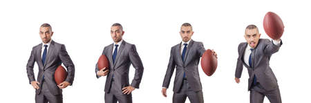 Man with american football ball isolated on whiteの写真素材