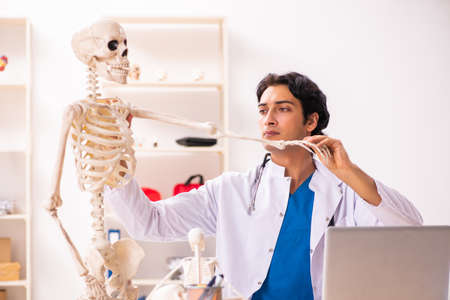 Young male doctor with skeleton