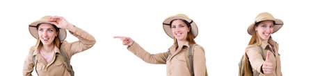 Woman wearing safari hat on whiteの写真素材