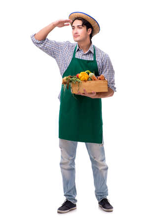 Young farmer with fresh produce isolated on white backgroundの写真素材