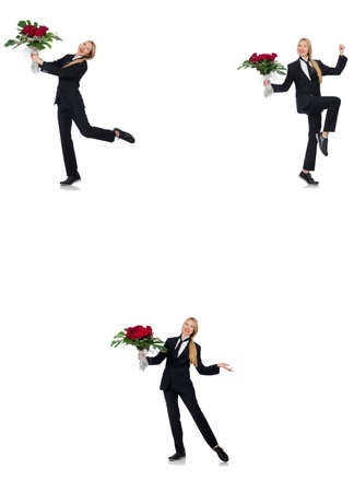 Businesswoman with bunch of flowers isolated on whiteの写真素材