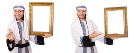 Arab man with picture frame isolated on white