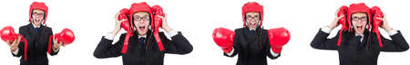 Young employee with boxing gloves isolated on whiteの写真素材