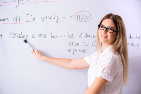 Young female english language teacher standing in front of the bの写真素材