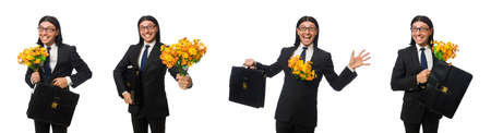 Handsome businessman with flower and brief case isolated on whitの写真素材