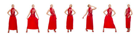 Blond hair model in dress with pomegranate isolated on whiteの写真素材
