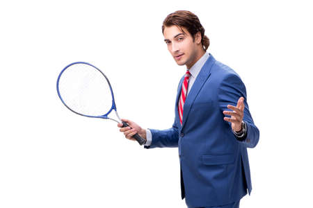 Elegant man with tennis racket isolated on whiteの写真素材