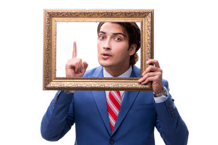 Elegant businessman with picture frame isolated on white