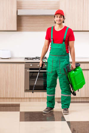 Professional contractor doing pest control at kitchenの写真素材