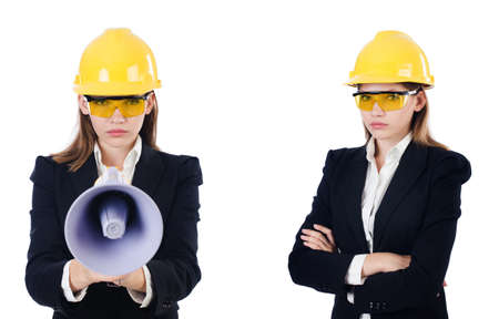 Female builder with megaphone isolated on whiteの写真素材