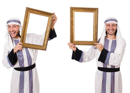 Arab man with picture frame isolated on whiteの写真素材