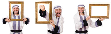 Arab man with picture frame isolated on whiteの写真素材