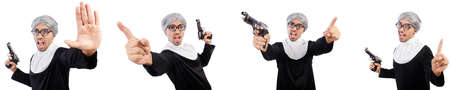Man in nun dress with handgunの写真素材