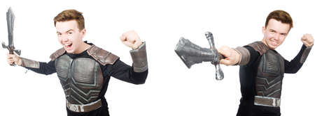 Young funny man in armour suitの写真素材
