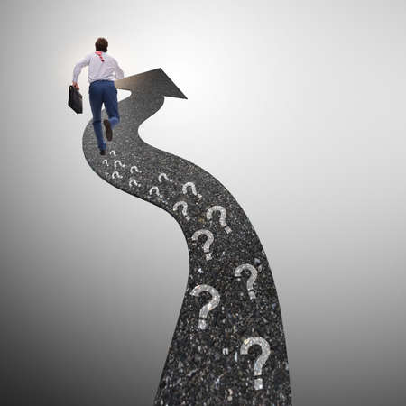 Businessman walking away on question footpath