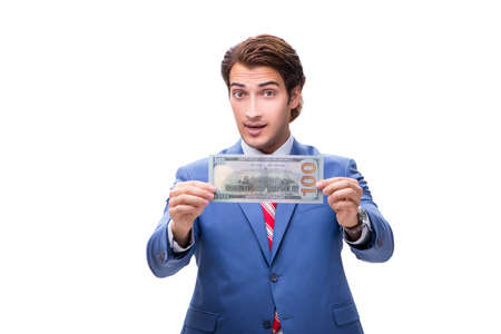 Elegant man with banknote isolated on whiteの写真素材