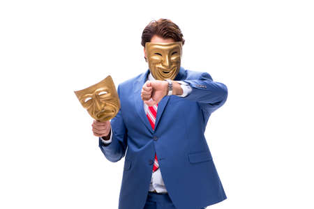 Businessman with masks isolated on whiteの写真素材