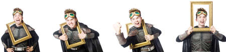 Young funny man in armour suit