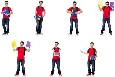 Young student with backpack isolated on whiteの写真素材