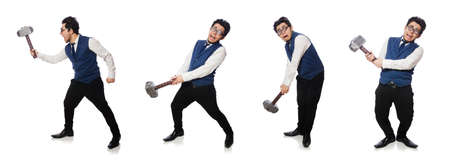 Young man holding hammer isolated on white