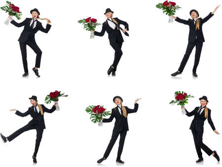 Businesswoman with bunch of flowers isolated on whiteの写真素材