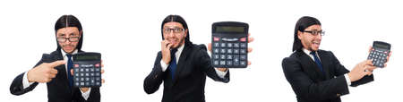 Man with calculator isolated on whiteの写真素材