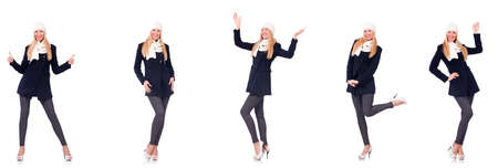 Beautiful woman in black coat isolated on whiteの写真素材