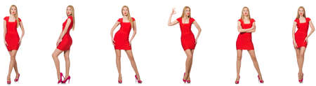 Beautiful woman in red dress isolated on whiteの写真素材