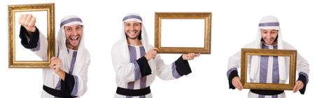 Arab man with picture frame isolated on whiteの写真素材