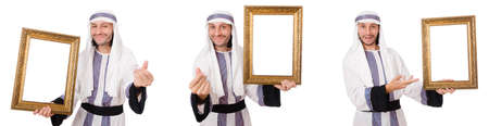 Arab man with picture frame isolated on whiteの写真素材