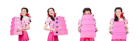 Young woman with storage boxes on white