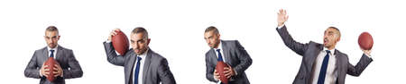 Man with american football ball isolated on whiteの写真素材