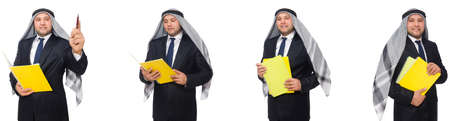 Arab businessman with notes isolated on whiteの写真素材