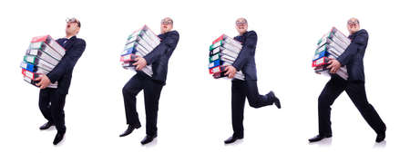 Funny man with lots of folders on whiteの写真素材