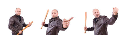 Violent man with baseball bat on white
