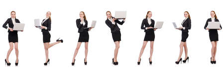 Businesswoman with laptop isolated on whiteの写真素材