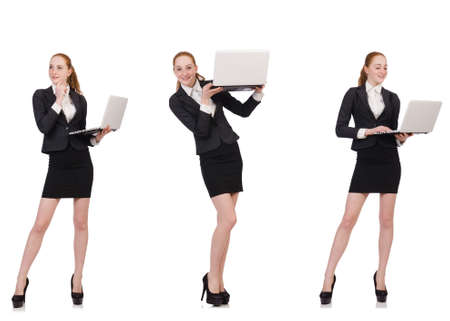 Businesswoman with laptop isolated on whiteの写真素材
