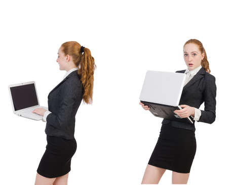 Businesswoman with laptop isolated on whiteの写真素材