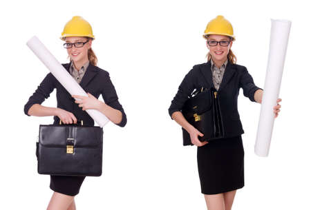 Female architect with blueprint isolated in whiteの写真素材